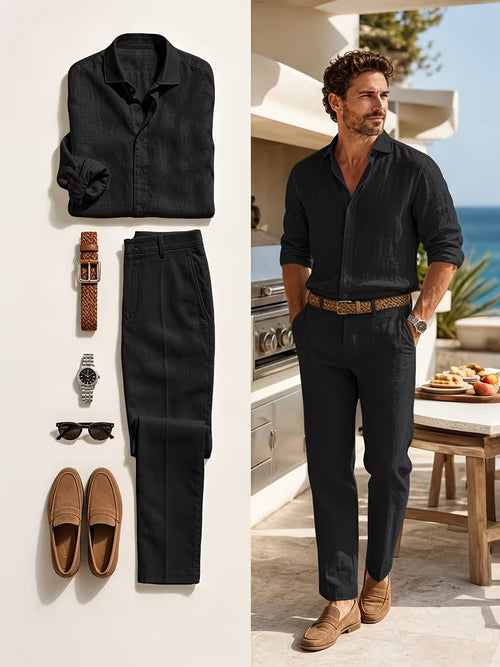 Combo Amalfi — Conjunto de Lino + Cinturón + Gafas + Reloj (Look Completo)