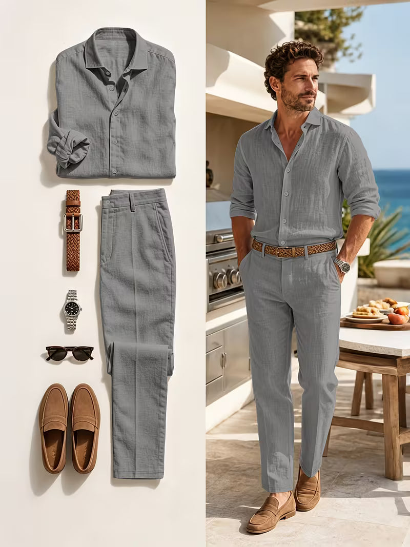 Combo Amalfi — Conjunto de Lino + Cinturón + Gafas + Reloj (Look Completo)