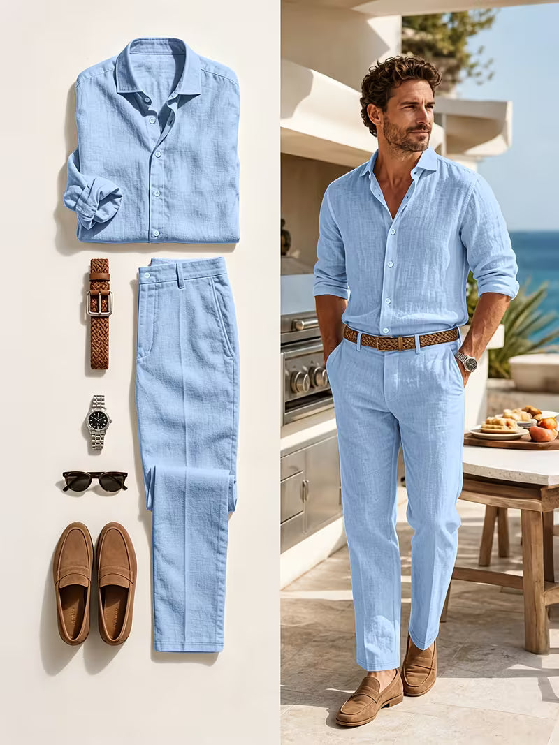 Combo Amalfi — Conjunto de Lino + Cinturón + Gafas + Reloj (Look Completo)