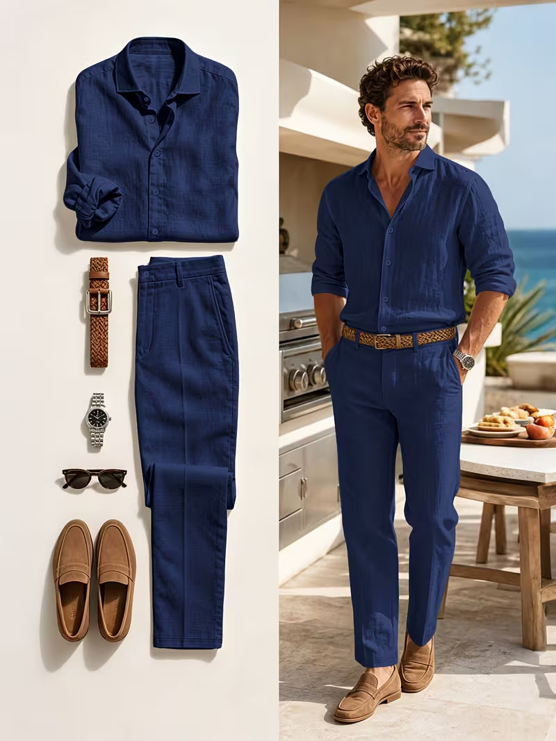 Combo Amalfi — Conjunto de Lino + Cinturón + Gafas + Reloj (Look Completo)