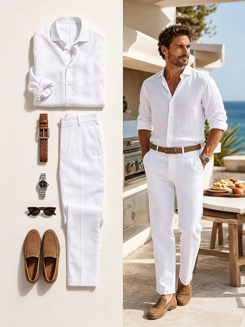 Combo Amalfi — Conjunto de Lino + Cinturón + Gafas + Reloj (Look Completo)