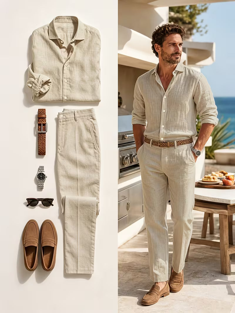 Combo Amalfi — Conjunto de Lino + Cinturón + Gafas + Reloj (Look Completo)